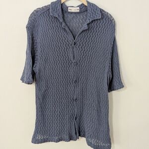 Zara Open Knit Button Front Camp Shirt Collar Short Sleeve Blue Small S